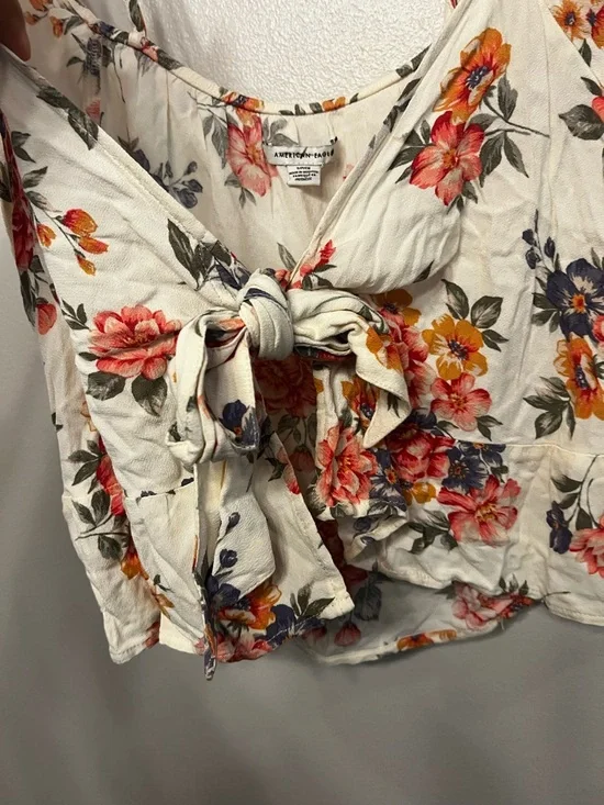 AE Floral Tie-Front Crop Top Cream Floral Crop Strapy Cottagecore Boho - Picture 4 of 8